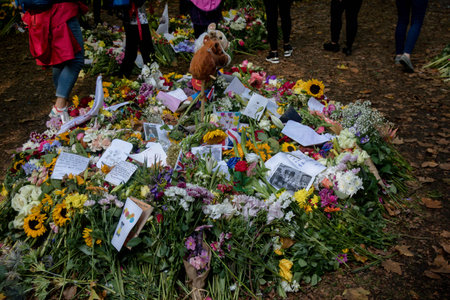 London, United Kingdom, 14th September 2022:- Tributes left by the public to Queen Elizabeth II in Green Park near Buckingham Palaceのeditorial素材