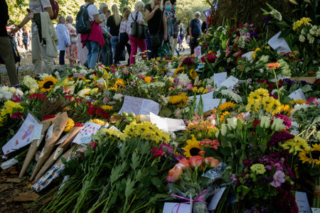 London, United Kingdom, 14th September 2022:- Tributes left by the public to Queen Elizabeth II in Green Park near Buckingham Palaceのeditorial素材