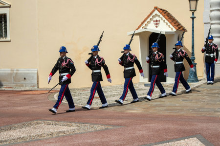 Monte-Ville, Monaco, April 21st 2023:- Members of the Compagnie des Carabiniers du Prince during the...