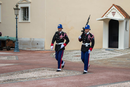 Monte-Ville, Monaco, April 21st 2023:- Members of the Compagnie des Carabiniers du Prince during the changing of the guard ceremony, performed daily at 11:55amのeditorial素材
