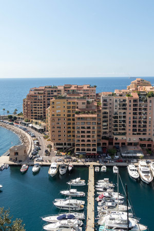 Monaco-Ville, Monaco, April 20th 2023:- A view of Port Fontvieille, taken from Monaco-Ville, the old city of Monaco.のeditorial素材