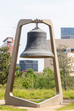 London, United Kingdom, May 28th 20203:- A view of the London 2012 Olympic Bell, located in Queen Elizabeth Olympic Park in Stratford East Londonのeditorial素材