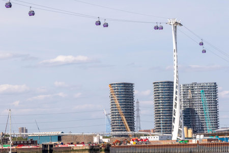 London, United Kingdom, May 28th 20203:- A view of the IFS Cloud Greenwich Peninsula a Gondola lift over the River Thamesのeditorial素材