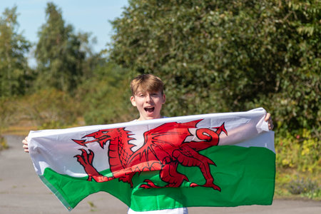 A happy and laughing teenage boy waving the Welsh Flagの写真素材