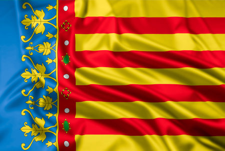 The Flag of The Valencian Community, one of the autonomous communities of Spain, with a ripple effectの写真素材