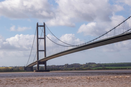 The Humber Bridge across the River Humber Fron East Riding of Yorkshire to Lincolnshireの写真素材