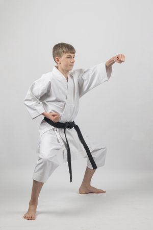 Fifteen year old male teenage karate black belt standing in a low stance punching, studio shot against a white backgroundの写真素材