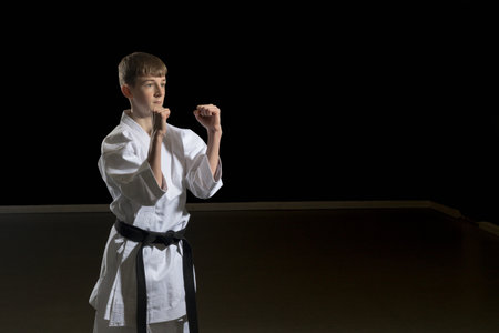 Fifteen year old male teenage karate black belt doing a back fist, studio shot against a black backgroundの写真素材
