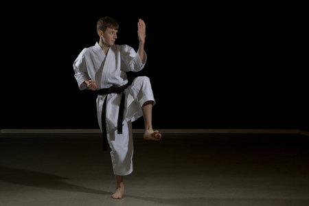 Fifteen year old male teenage karate black belt performing kata Enpi, studio shot against a black backgroundの写真素材