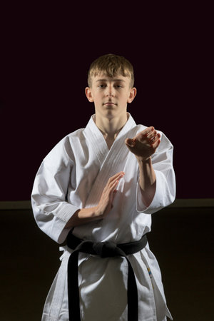Fifteen year old male teenage karate black belt perfoming a block, studio shot against a black backgroundの写真素材