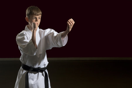 Fifteen year old male teenage karate black belt doing a back fist, studio shot against a black backgroundの写真素材