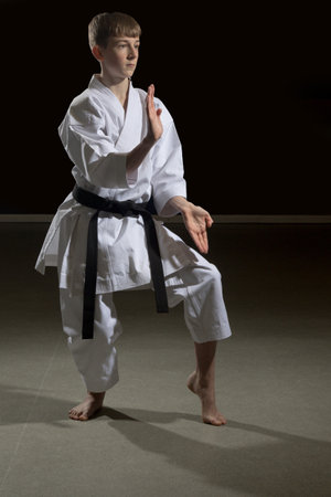 Fifteen year old male teenage karate black belt in a cat stance blocking, studio shot against a black backgroundの写真素材