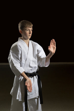 Fifteen year old male teenage karate black belt doing double open hand block, studio shot against a black backgroundの写真素材