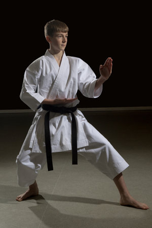 Fifteen year old male teenage karate black belt in back stance, studio shot against a black backgroundの写真素材