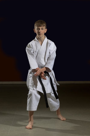 Fifteen year old male teenage karate black belt performing kata Sanseryu, studio shot against a black backgroundの写真素材
