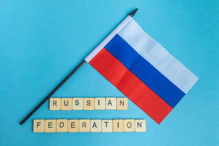 The National Flag of The Russian Federation, along with a sign reading Russian Federationの写真素材