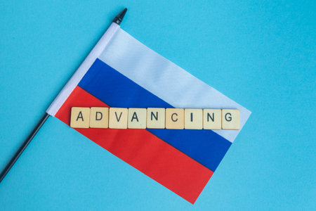 The National Flag of The Russian Federation, along with a sign reading Advancingの写真素材