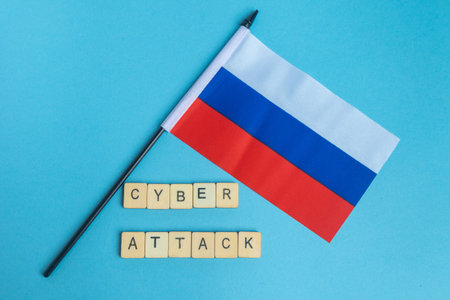 The National Flag of The Russian Federation, along with a sign reading Cyber Attackの写真素材