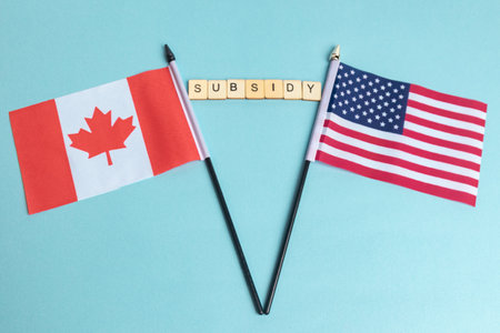 The Flags of The United States and Canada trade war concept, with tiles reading Subsidyの写真素材