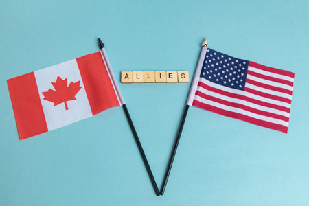 The Flags of The United States and Canada trade war concept, with tiles reading Alliesの写真素材