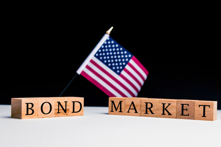 United States of America Concept, with selective focus on the US flag along with a sign reading Bond Marketの写真素材