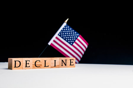 United States of America Concept, with selective focus on the US flag along with a sign reading Declineの写真素材