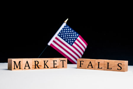 United States of America Concept, with selective focus on the US flag along with a sign reading Market Fallsの写真素材