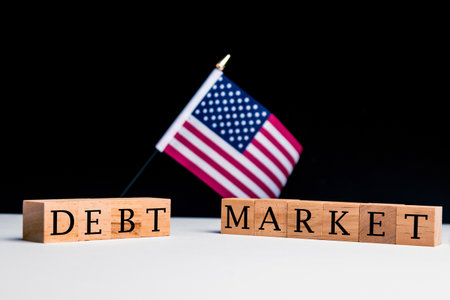 United States of America Concept, with selective focus on the US flag along with a sign reading Debt Marketの写真素材