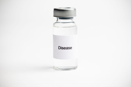Vaccine concept, a medical vial with a label reading Disease on a plain white background.