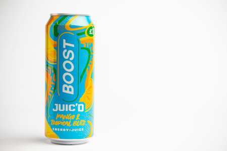 London, United Kingdom, February Twenty Third 2026:- A View Of A Can of Boost Energy Juic'd Mango...