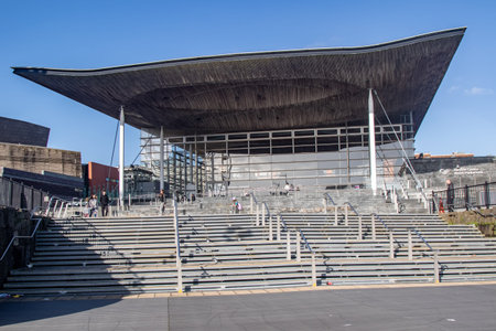 Cardiff, United Kingdom, 17th March 2026:- A View Of The Welsh Parliament Building, Senedd Cymru, the seat of the devolved Welsh Government, located at Cardiff Bay.のeditorial素材