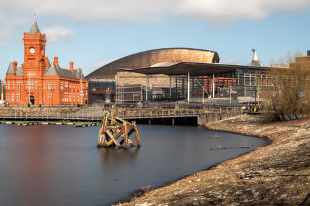 Cardiff, United Kingdom, 17th March 2026:- A Long Exposure View Of The Cardiff Bay Area of Cardiffのeditorial素材