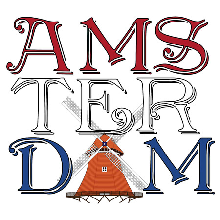 windmill and text of amsterdam With The colors of the dutch flagのイラスト素材