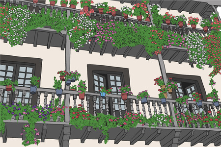 balcony with flowers in a village in northern Spainのイラスト素材