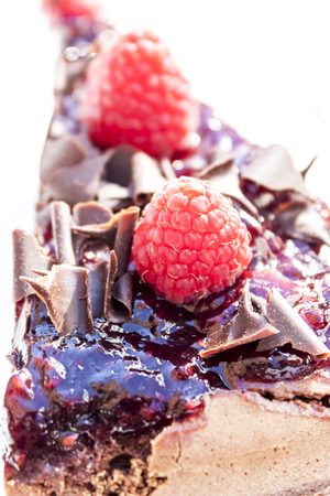 piece of chocolate cake and raspberries on unfocused backgroundの写真素材