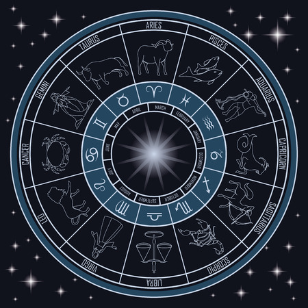 Horoscope circle with zodiac signs on blue background with stars.のイラスト素材