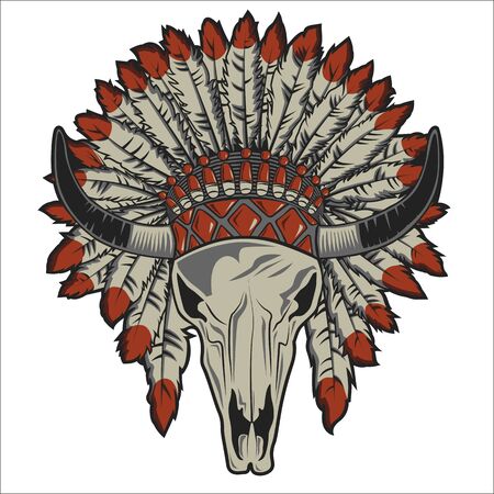 cow skull with indian headdress on white backgroundのイラスト素材