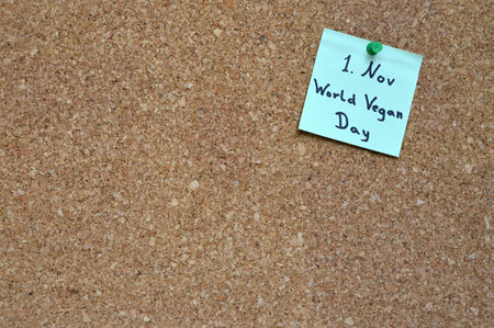 Memo for the World Vegan Day on Nov 1st on a pin boardの写真素材