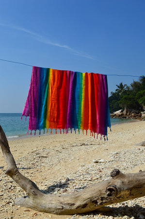 A towel in rainbow colors is hanging on a laundry line at a tropical beachの写真素材