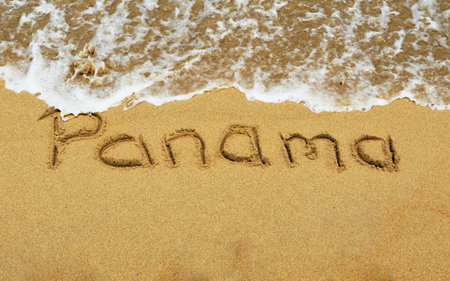 The word Panama written in the sand at the beachの写真素材