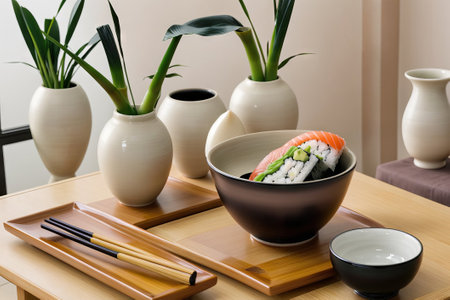 Sushi roll in a bowl with chopsticks on a wooden tableの素材
