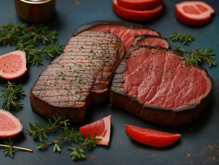 Slices of roast beef with rosemary and grapefruit on plateの素材