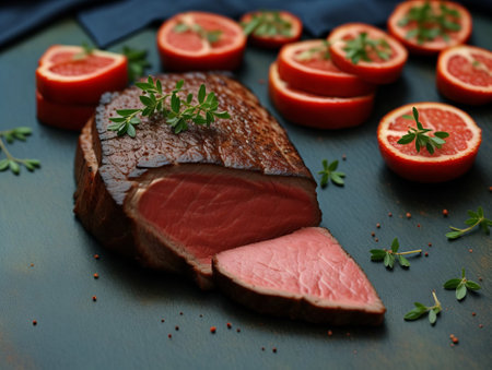 Slices of roast beef with thyme and tomatoes on slate plate, closeupの素材