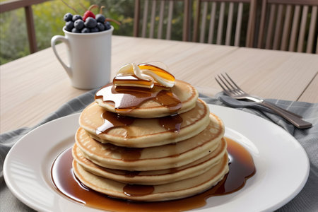 Pancakes with maple syrup and blueberries on a wooden tableの素材