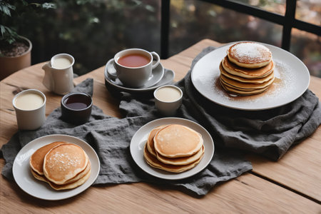 Plate with tasty pancakes and cups of tea on table in cafeの素材