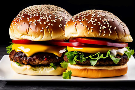 Two tasty cheeseburgers on a white plate on a black backgroundの素材