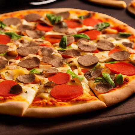 pizza with salami, mushrooms and mozzarella on wooden tableの素材