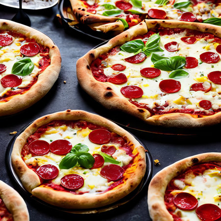 Pizza with salami, mozzarella cheese and basil on black backgroundの素材