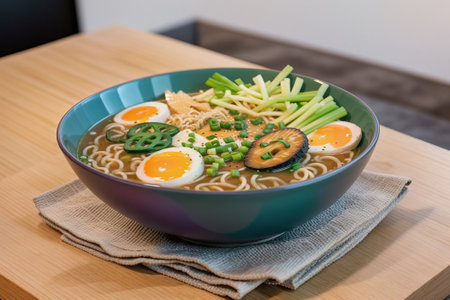Japanese ramen noodle with egg and vegetables in a bowl.の素材