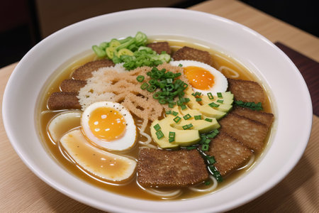 Japanese miso ramen soup with egg and vegetables in a bowlの素材